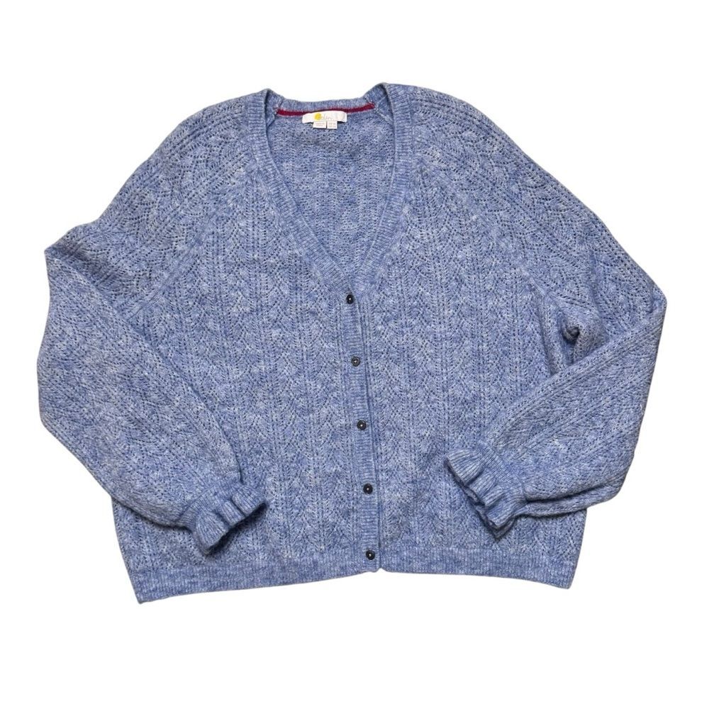 Boden Wool Blend Lace Pointelle Blue Fluffy Cardigan Ruffle Cuffs Sz 14 - Picture 2 of 9